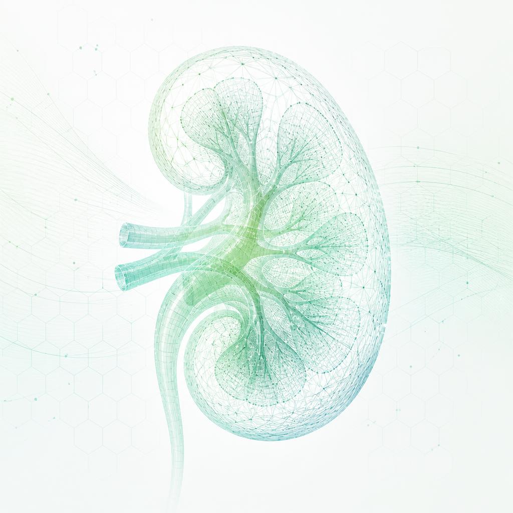 Illustrated wireframe view of a kidney and its collecting system