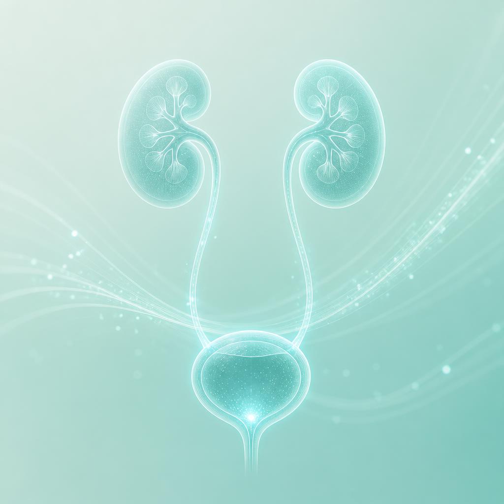 Illustration of kidneys, ureters and bladder as a connected urinary tract